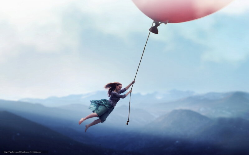 woman flying with balloon