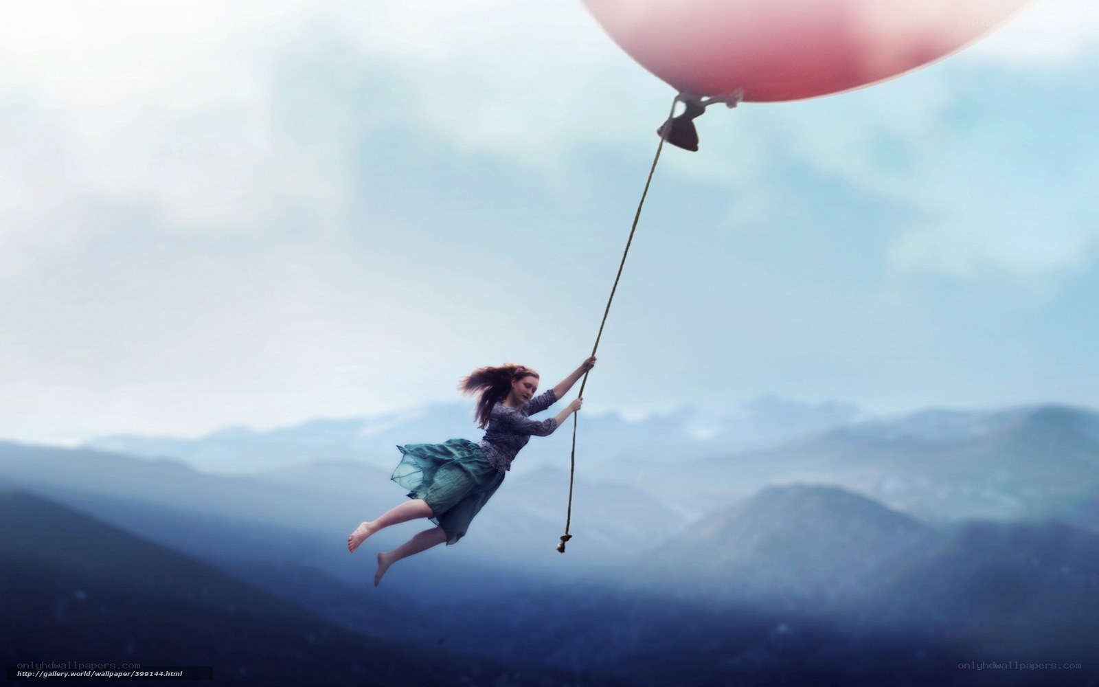 woman flying with balloon