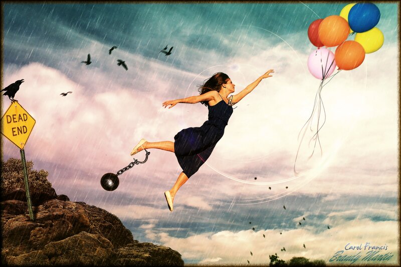 Woman Flying with Balloons — Blue
