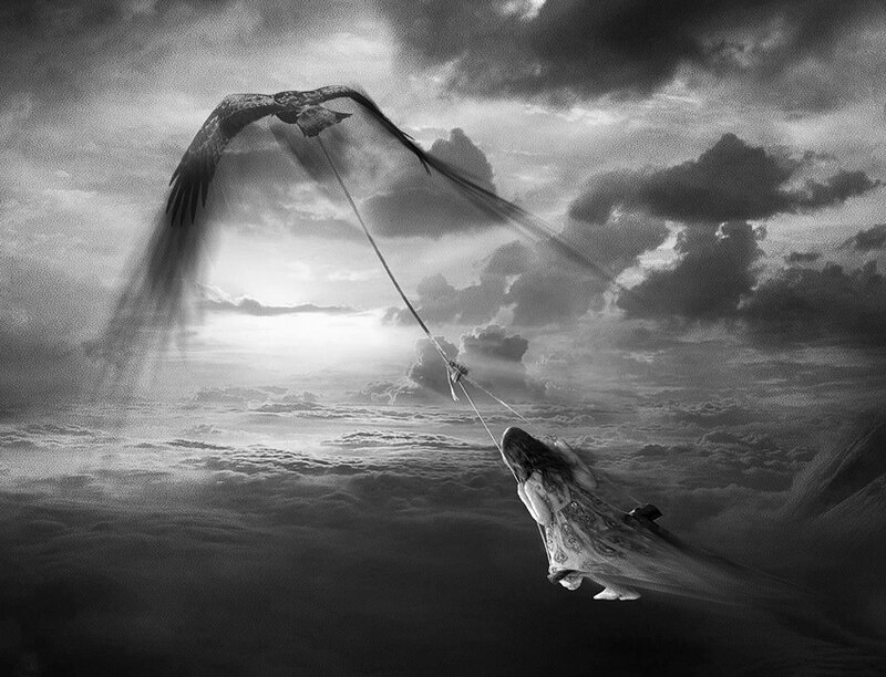 Woman Flying with Bird — Black