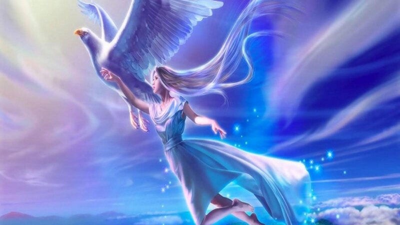 Woman Flying with Bird — Blue, Serene, Night, Digital Art, Clouds, Stars