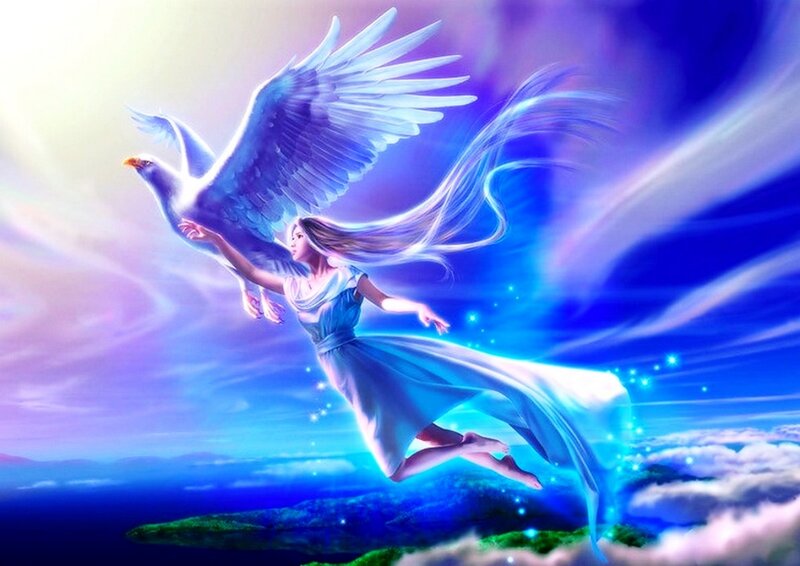 Woman Flying with Bird — Blue, Serene
