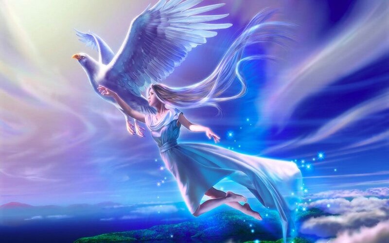 Woman Flying with Bird — Blue