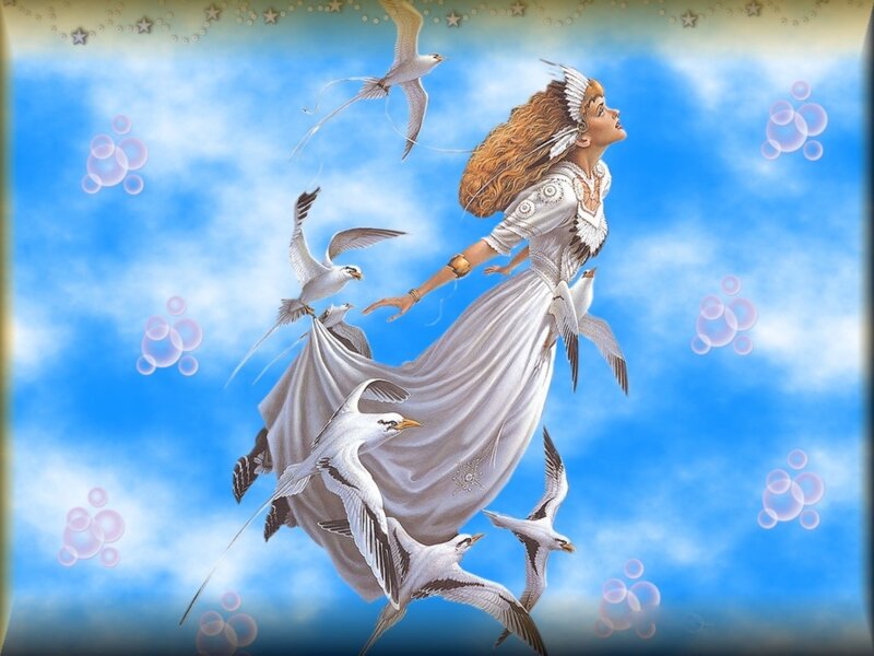 woman flying with birds