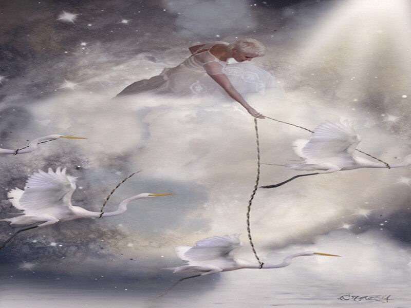 woman flying with birds
