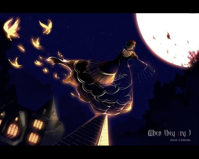 woman flying with birds at night