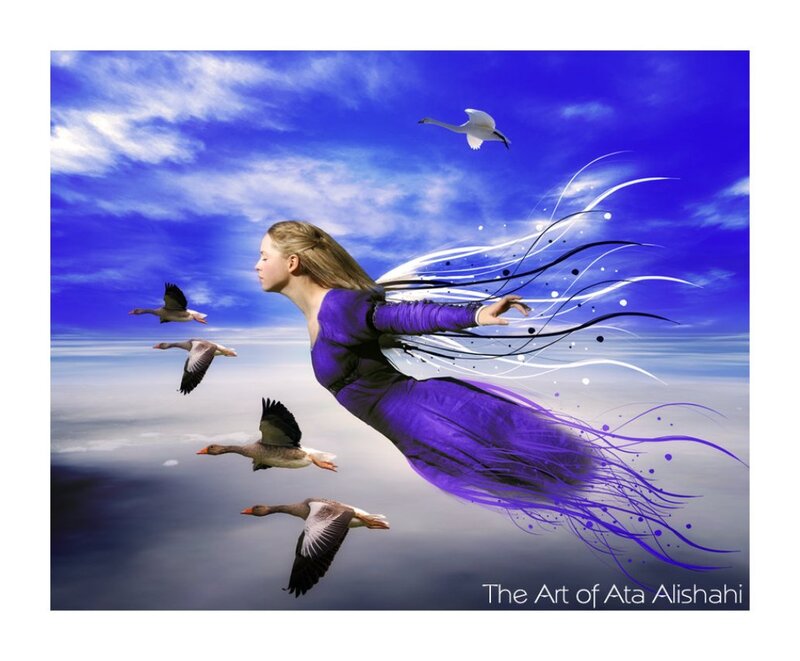 Woman Flying with Birds — Blue