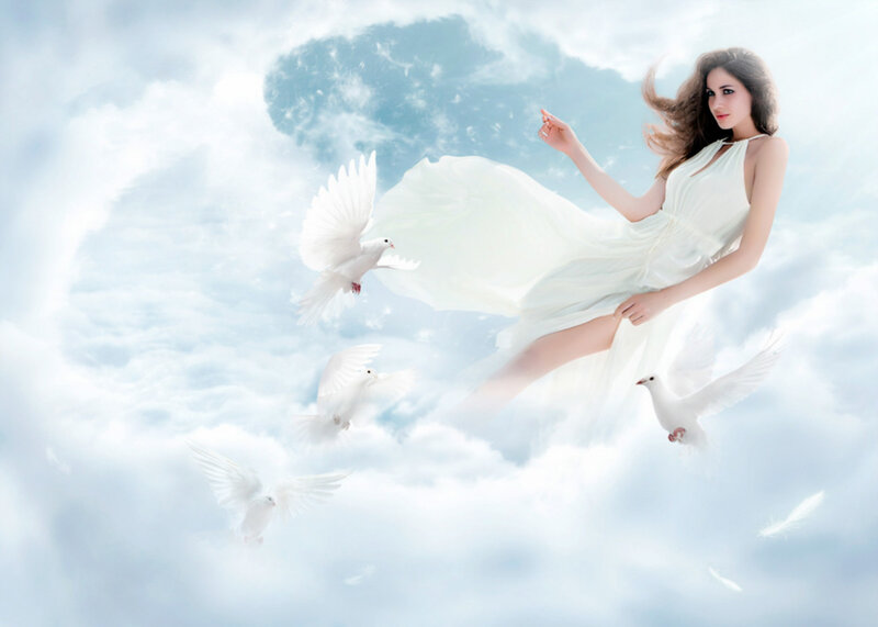 Woman Flying with Doves — White