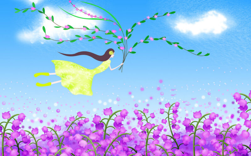 Woman Flying with Flowers — Blue