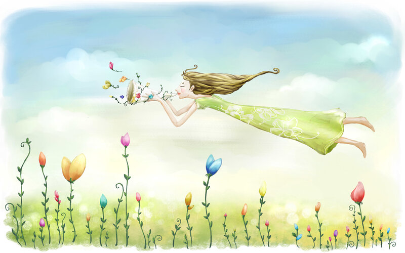 Woman Flying with Flowers — Green
