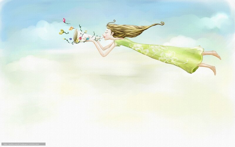 woman flying with flowers