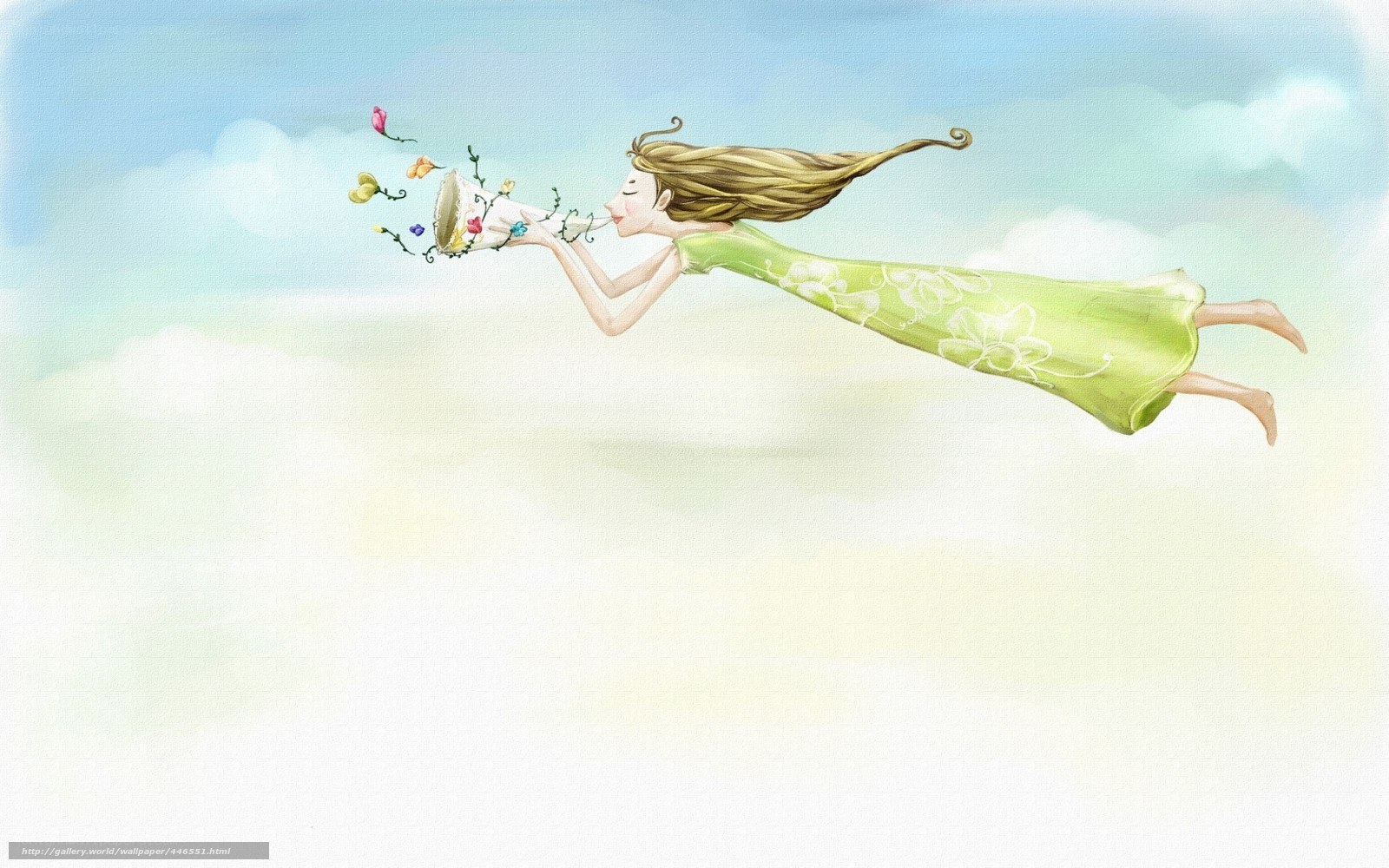 woman flying with flowers