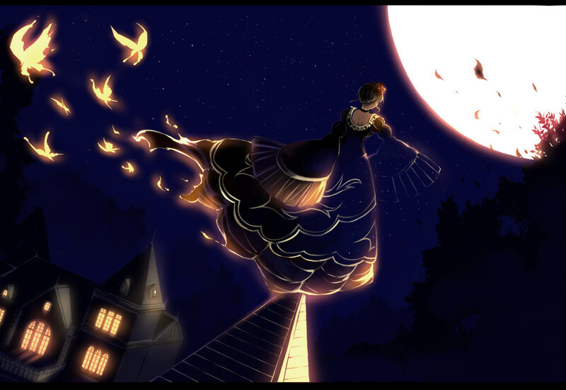 woman flying with glowing birds