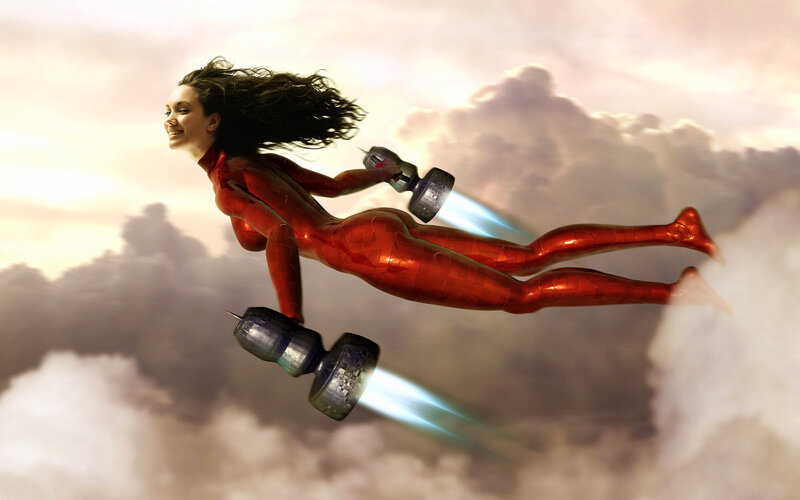 woman flying with jetpacks