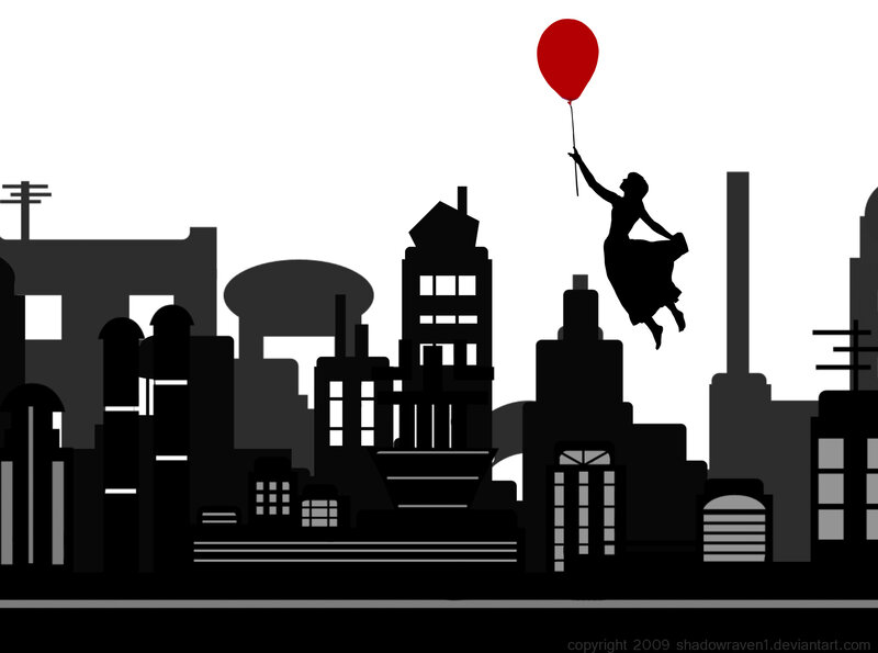 woman flying with red balloon