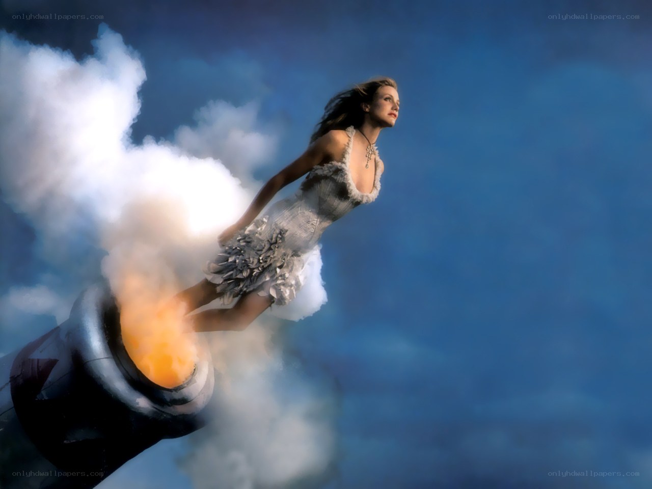 woman flying with rocket