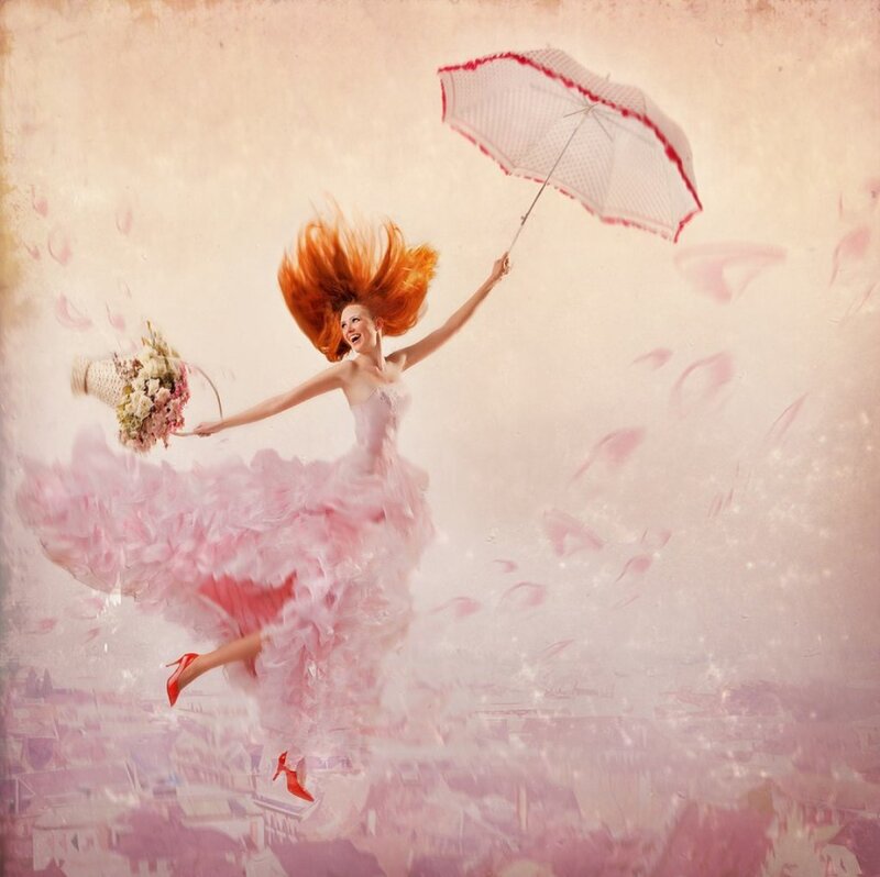 Woman Flying with Umbrella — Pink