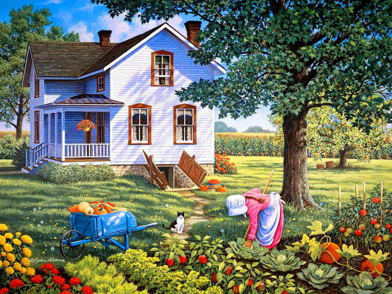 Woman Gardening in Yard — Blue
