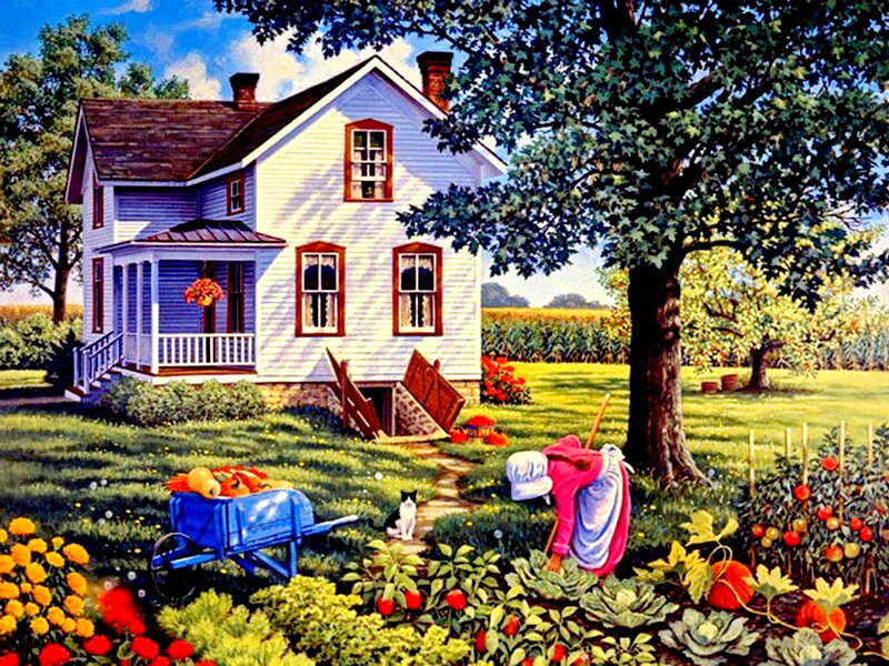 Woman Gardening in Yard — Green, Serene, Afternoon, Painting