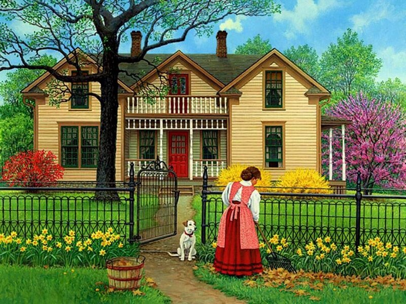 Woman Gardening with Dog