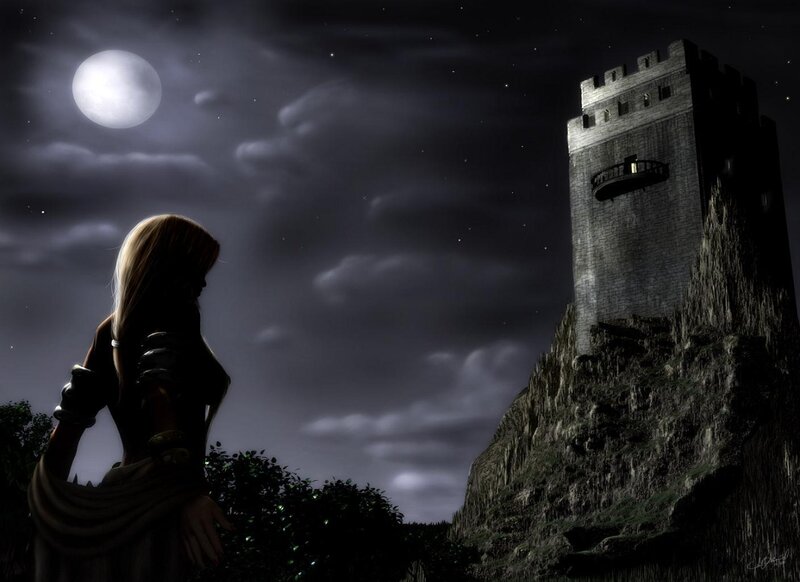Woman gazes at castle under moonlight