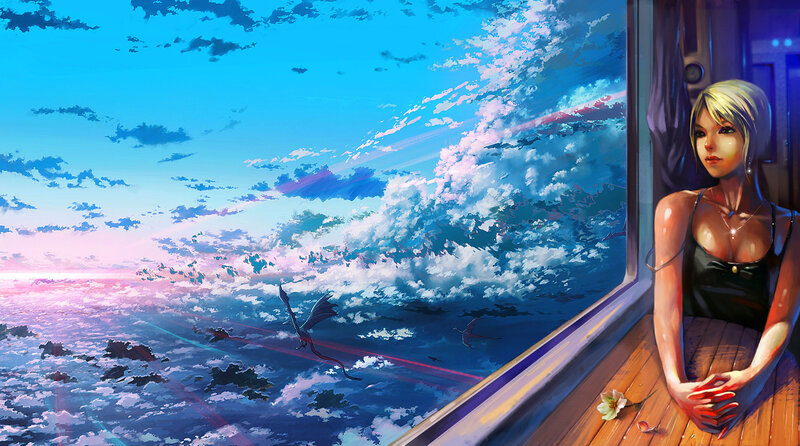 Woman gazing at sky from window