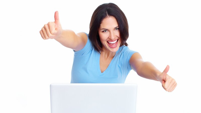 woman giving thumbs up at laptop
