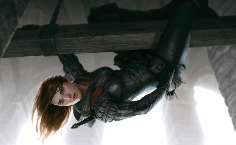 Woman hanging from a beam