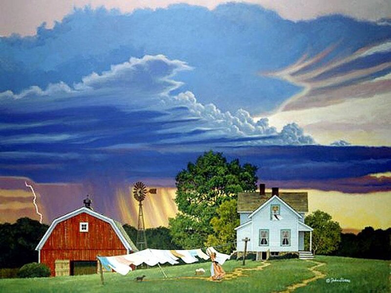 Woman Hanging Laundry — Blue