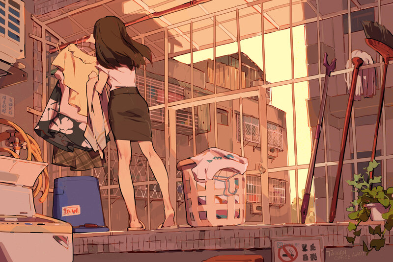 Woman Hanging Laundry — Orange