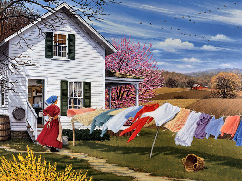 Woman Hanging Laundry — White, Serene, Spring