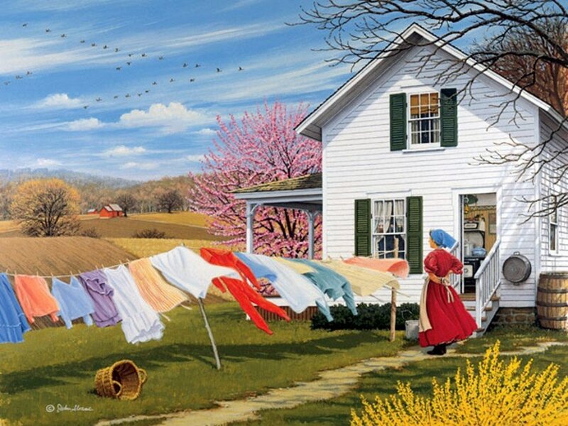 Woman Hanging Laundry — White