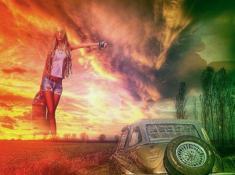Woman Hitchhiking at Sunset