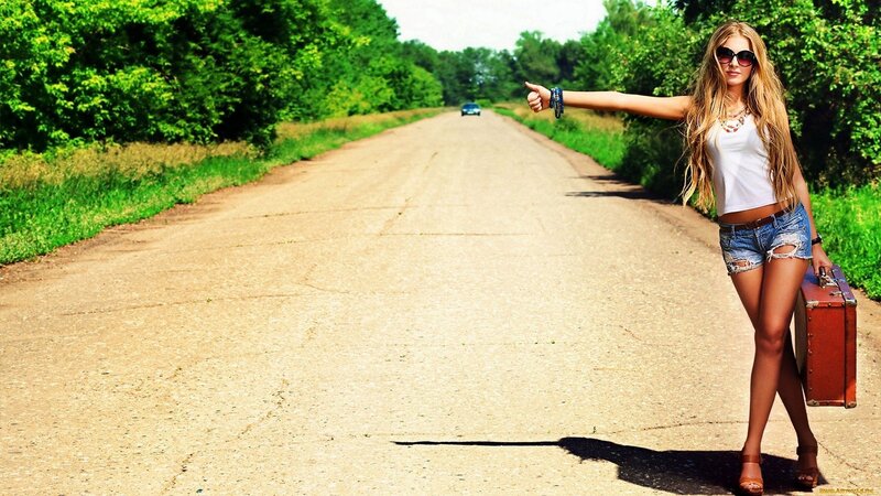 Woman Hitchhiking on Road — Green, Outdoor