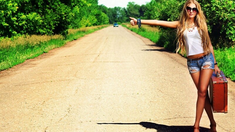 Woman Hitchhiking on Road — Green, Outdoorsy, Afternoon, Photograph