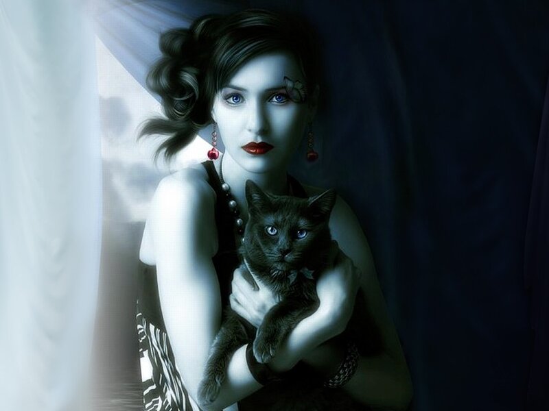 woman holding a black cat
