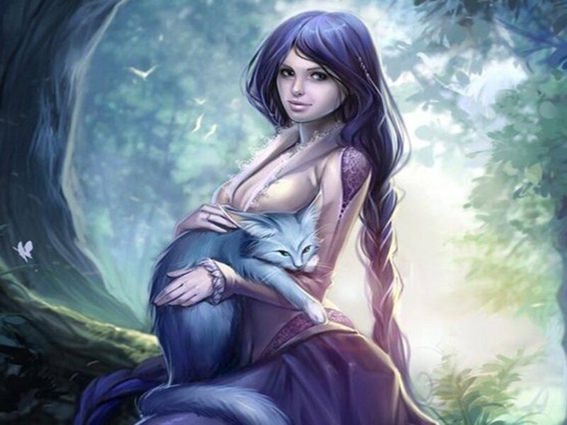 Woman Holding a Cat — Purple, Serene