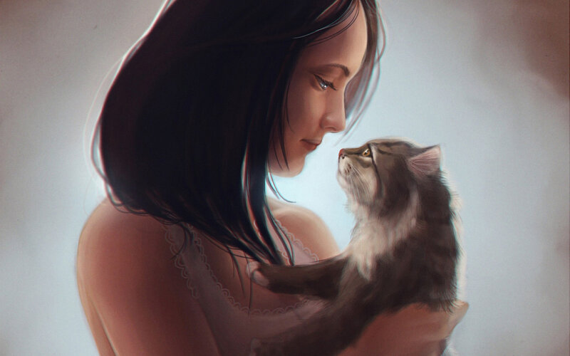 Woman Holding a Cat — White, Serene