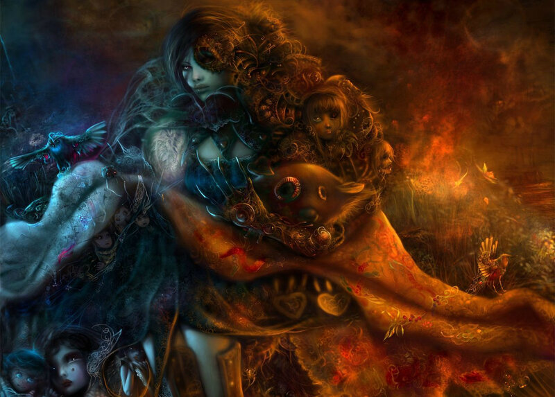 Woman Holding a Doll — Orange, Dramatic