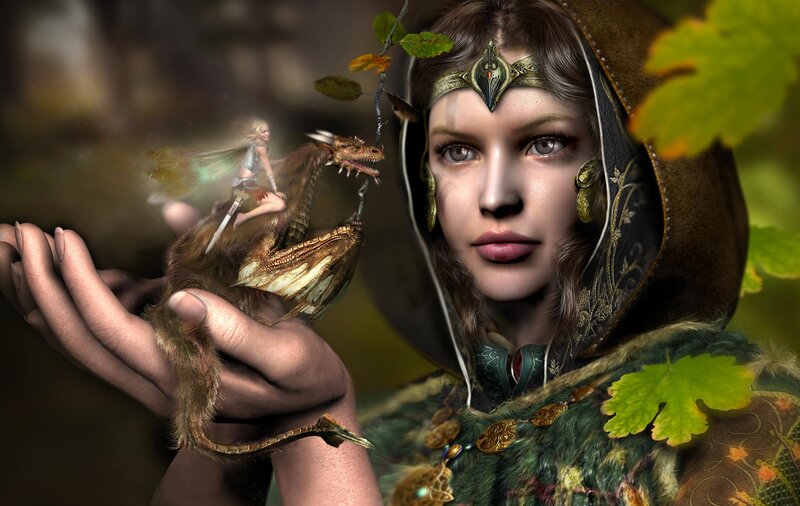 Woman Holding a Dragon — Green, Fantasy, Autumn