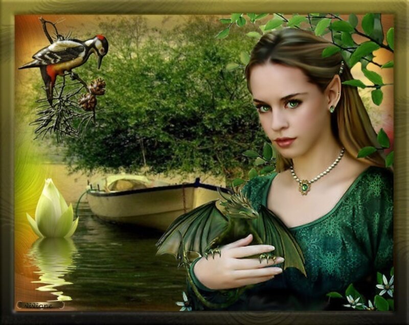 Woman Holding a Dragon — Green, Serene, Afternoon, Digital Art