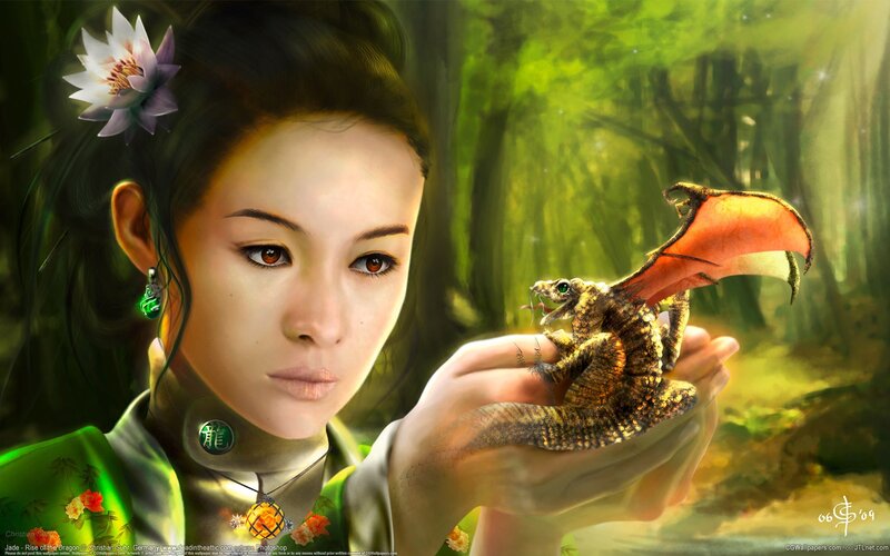 Woman Holding a Dragon — Green, Serene