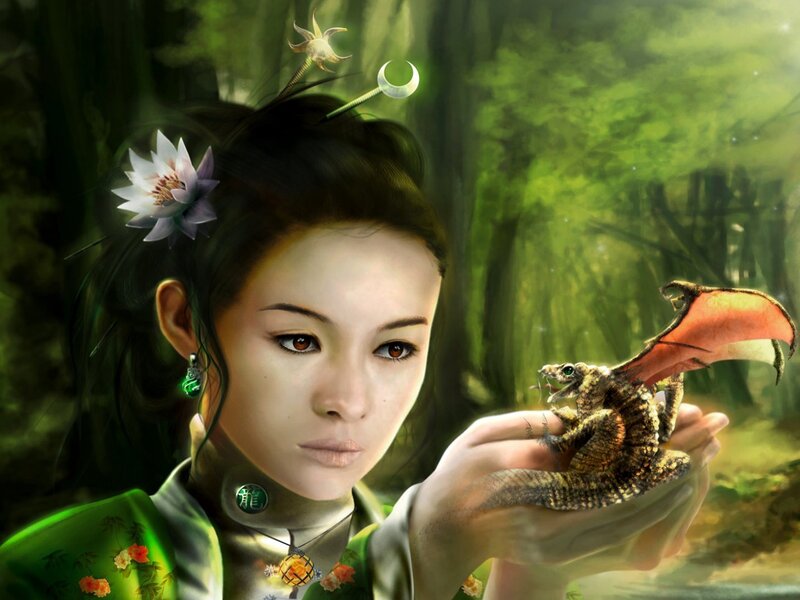 Woman Holding a Dragon — Green