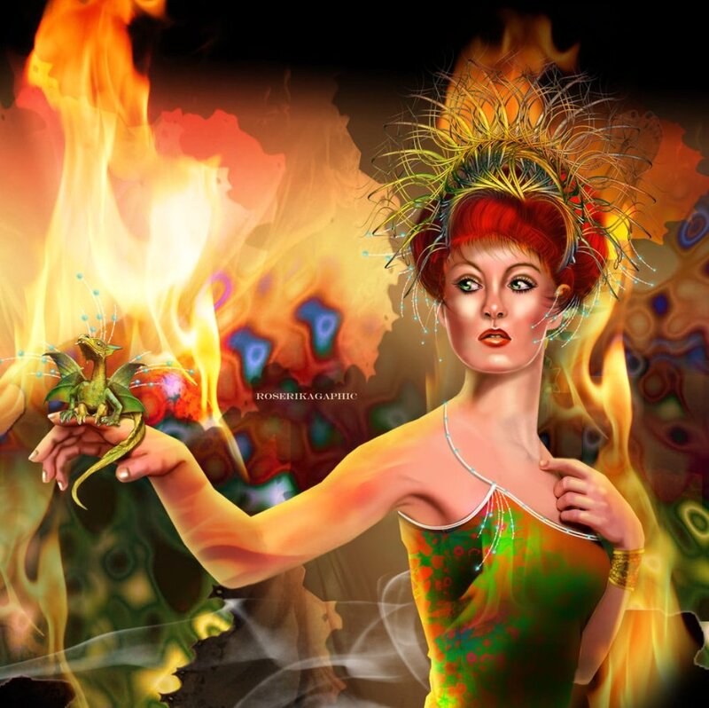 Woman Holding a Dragon — Red, Dramatic