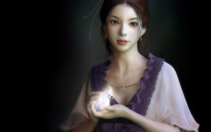 woman holding a glowing bird
