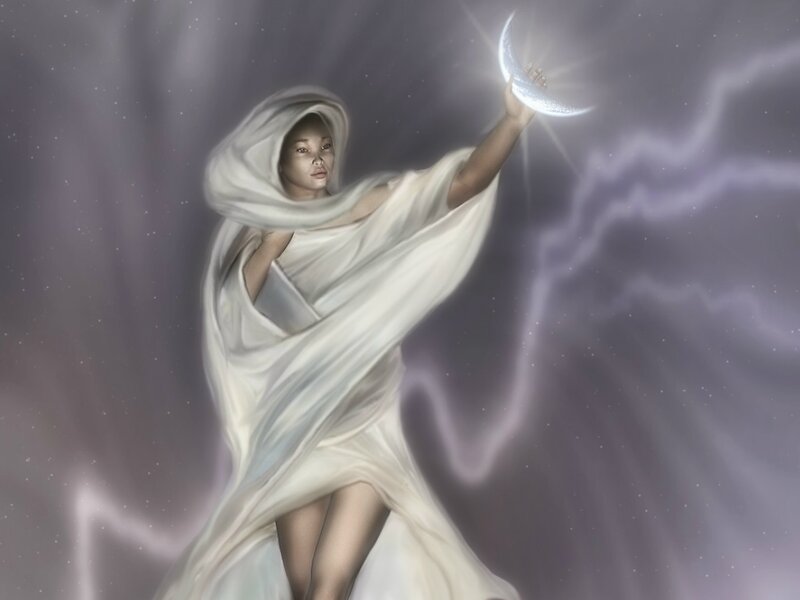 woman holding a glowing moon