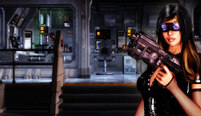 Woman Holding a Gun — Black, Dramatic, Digital Art, Control Room