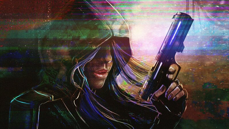 Woman Holding a Gun — Black, Dramatic, Digital Art, Hoodie