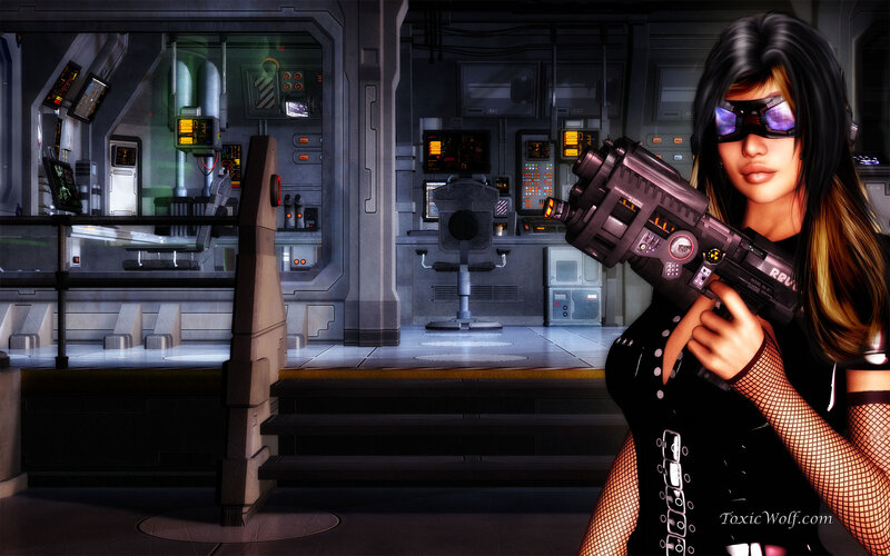 Woman Holding a Gun — Black, Dramatic, Digital Art