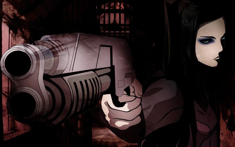 Woman Holding a Gun — Black, Dramatic, Night, Anime, Prison Bars